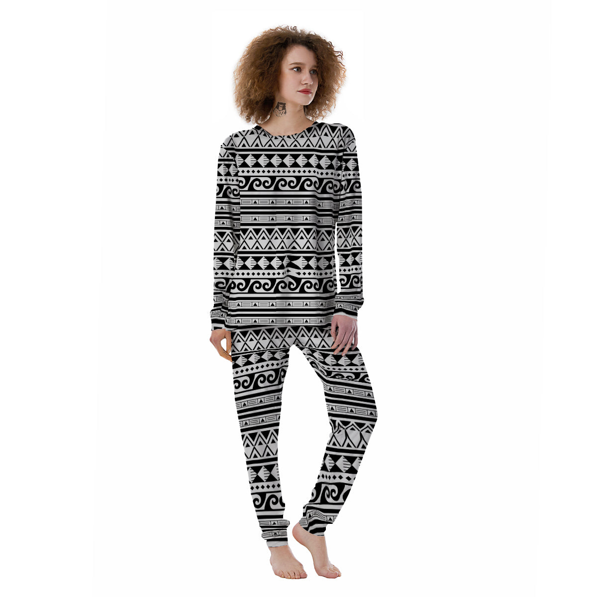 Aztec White And Black Print Pattern Women's Pajamas-grizzshop