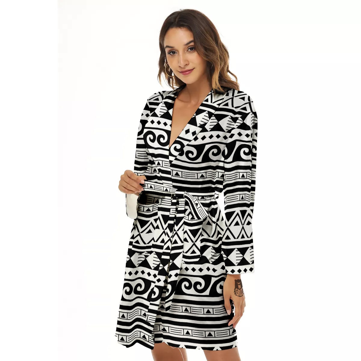 Aztec White And Black Print Pattern Women's Robe-grizzshop