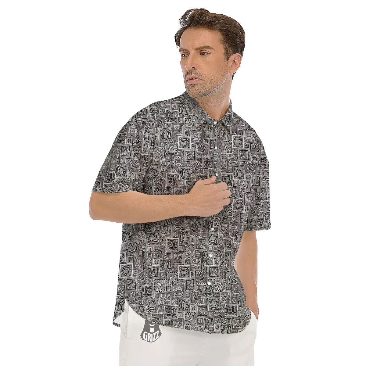 Aztec White And Grey Print Pattern Men's Short Sleeve Shirts-grizzshop