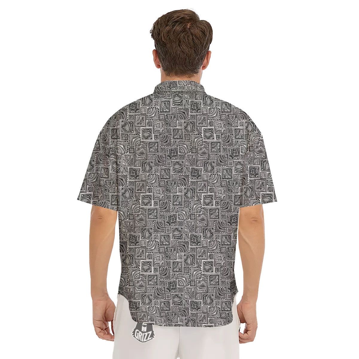 Aztec White And Grey Print Pattern Men's Short Sleeve Shirts-grizzshop