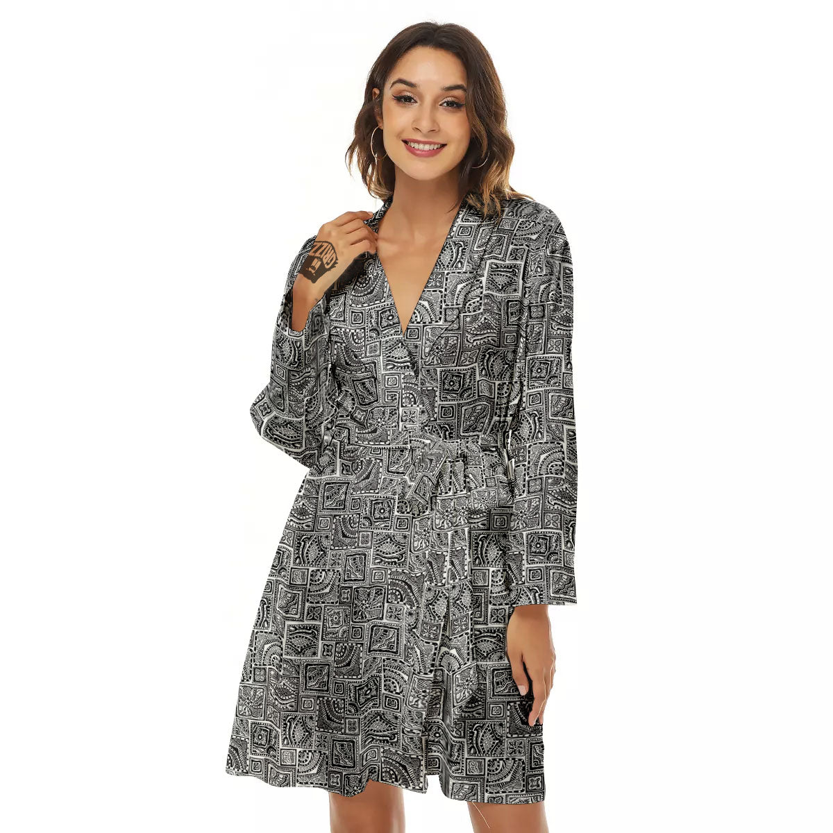 Aztec White And Grey Print Pattern Women's Robe-grizzshop