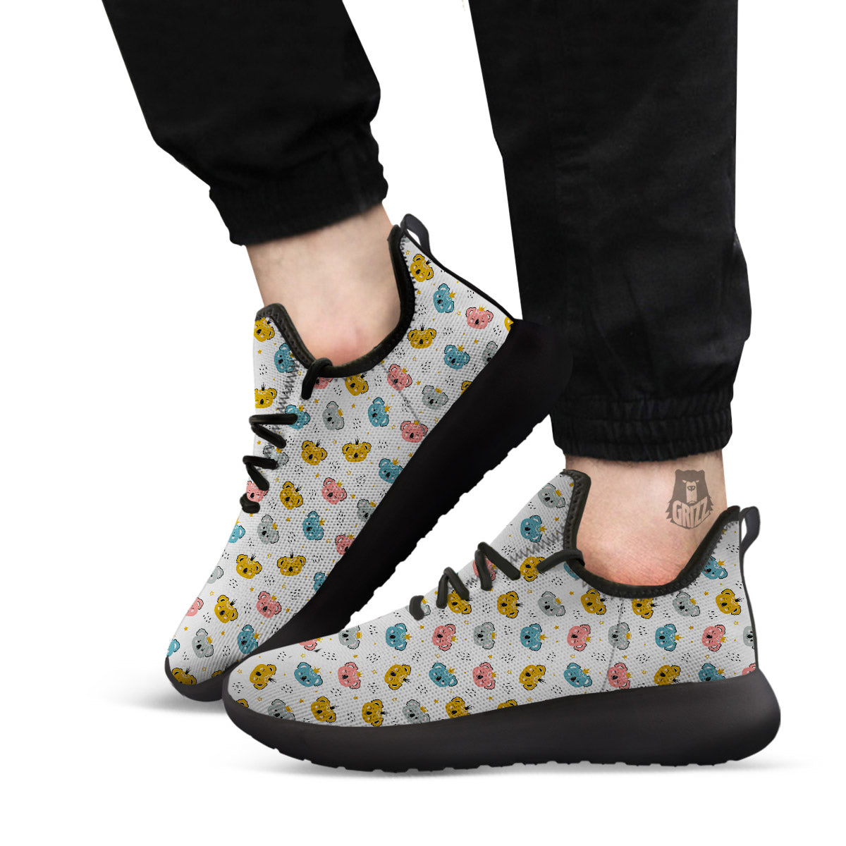 Baby Bear Colorful Cartoon Print Pattern Black Athletic Shoes-grizzshop