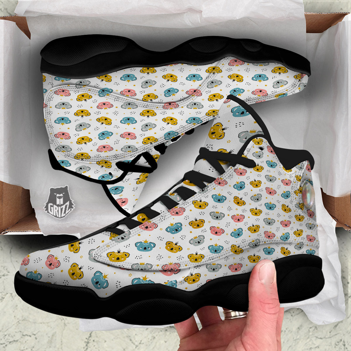 Baby Bear Colorful Cartoon Print Pattern Black Basketball Shoes-grizzshop