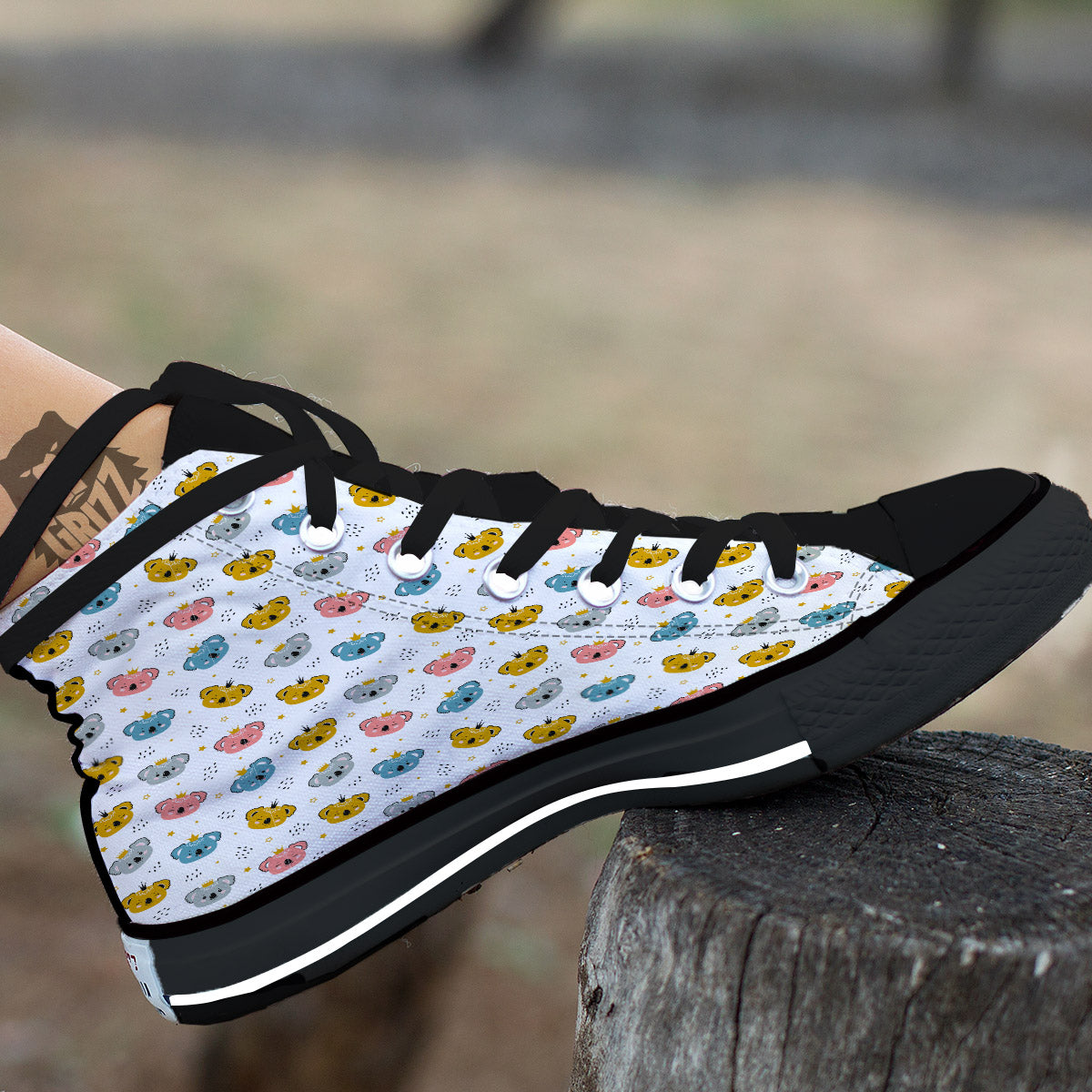 Baby Bear Colorful Cartoon Print Pattern Black High Top Shoes-grizzshop