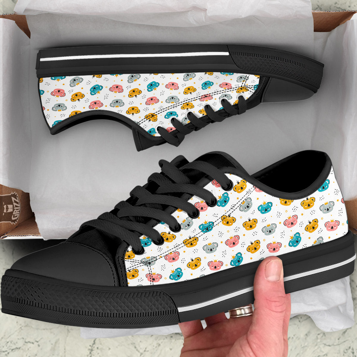 Baby Bear Colorful Cartoon Print Pattern Black Low Top Shoes-grizzshop