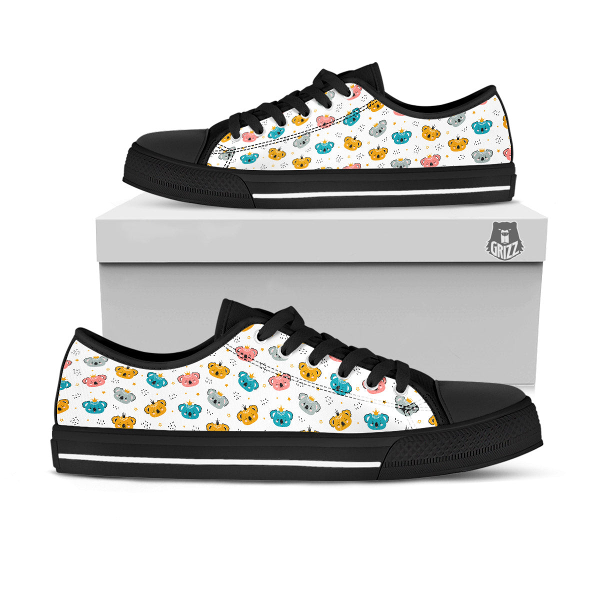 Baby Bear Colorful Cartoon Print Pattern Black Low Top Shoes-grizzshop