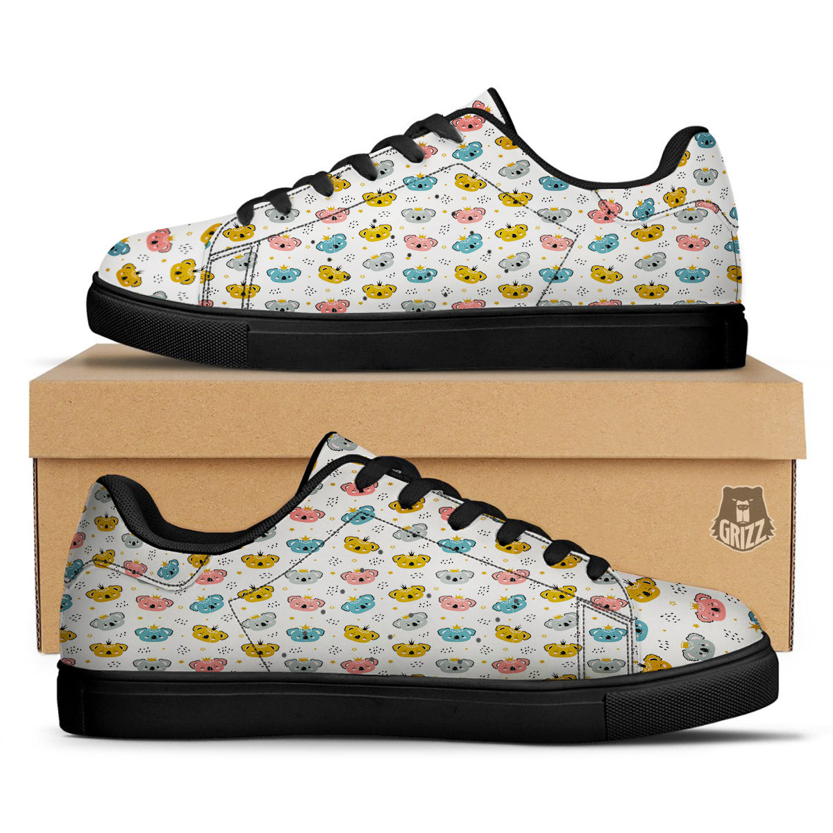 Baby Bear Colorful Cartoon Print Pattern Black Low Top Sneakers-grizzshop
