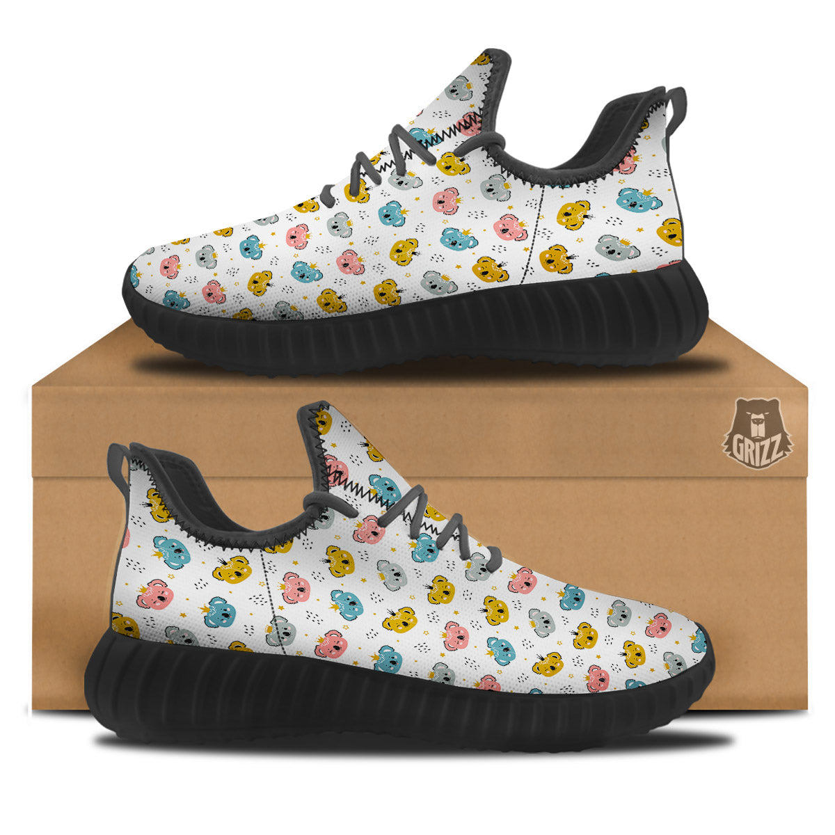 Baby Bear Colorful Cartoon Print Pattern Black Walking Shoes-grizzshop