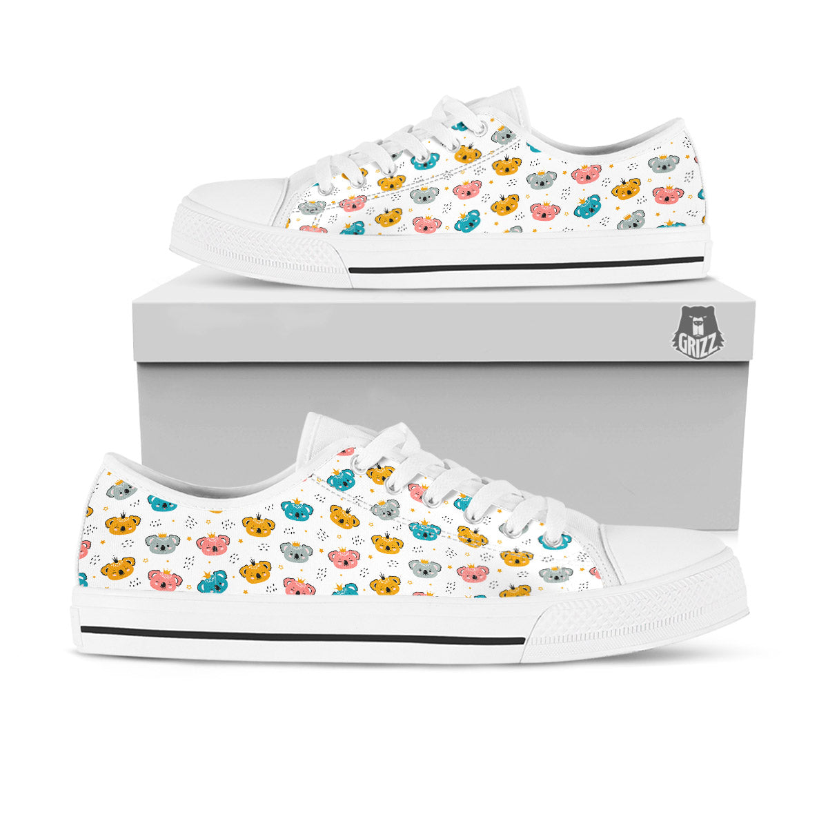 Baby Bear Colorful Cartoon Print Pattern White Low Top Shoes-grizzshop