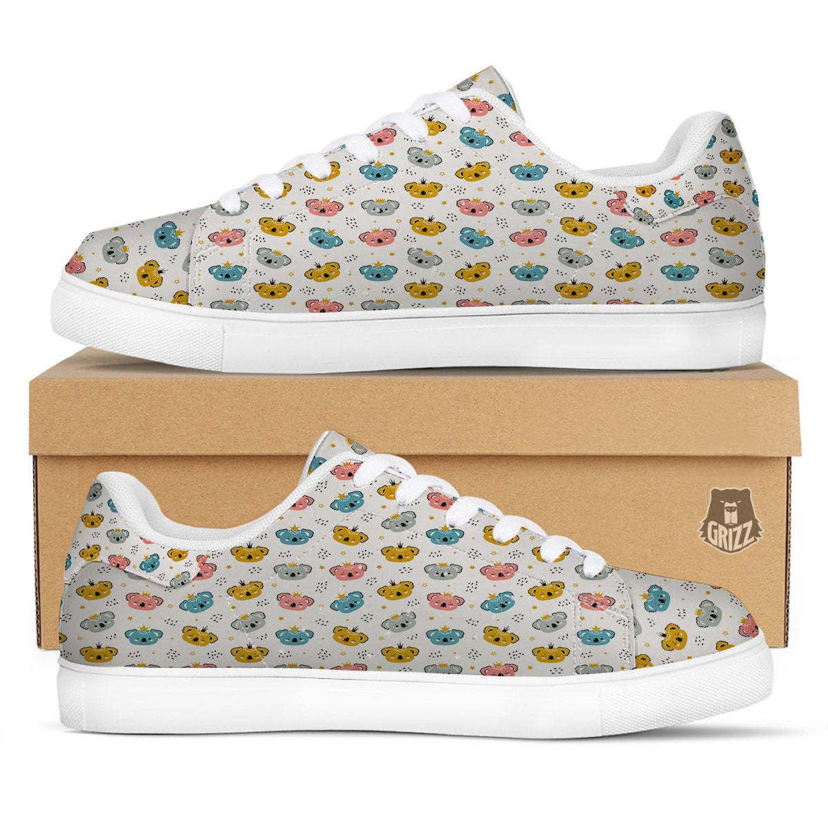 Baby Bear Colorful Cartoon Print Pattern White Low Top Sneakers-grizzshop