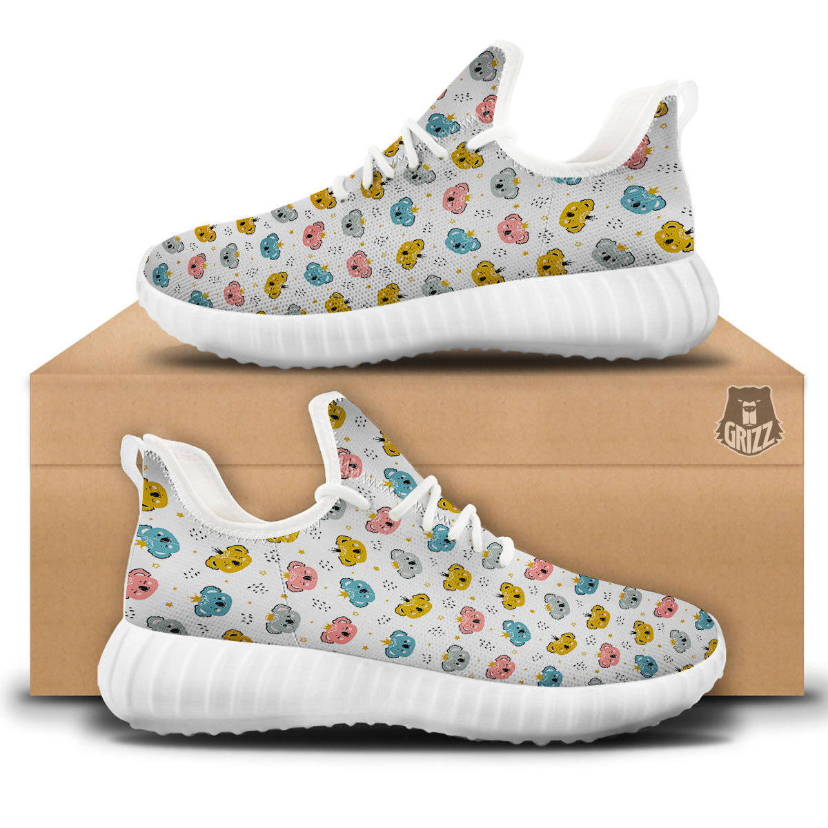 Baby Bear Colorful Cartoon Print Pattern White Walking Shoes-grizzshop