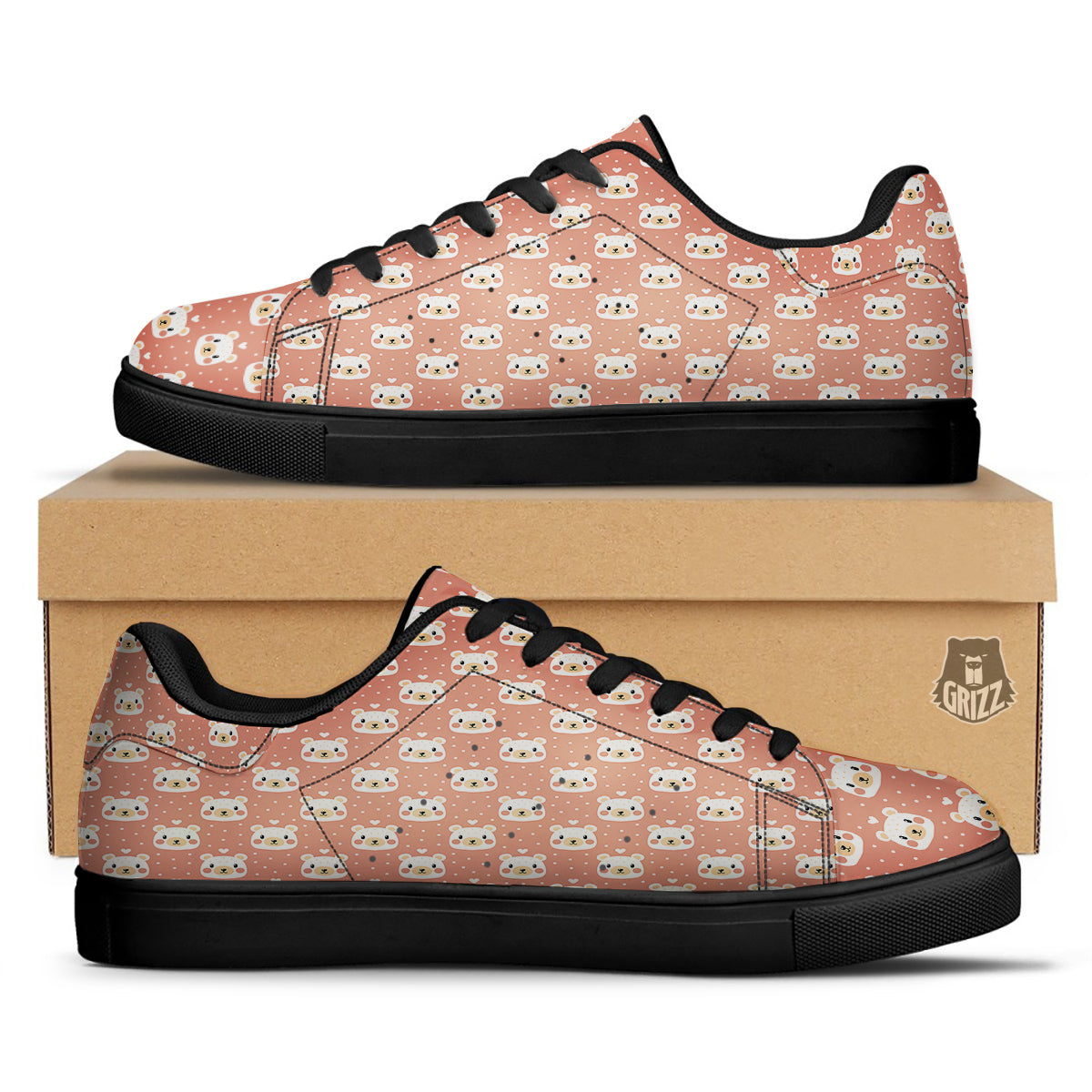 Baby Bear Cute Polka Dot Print Pattern Black Low Top Sneakers-grizzshop