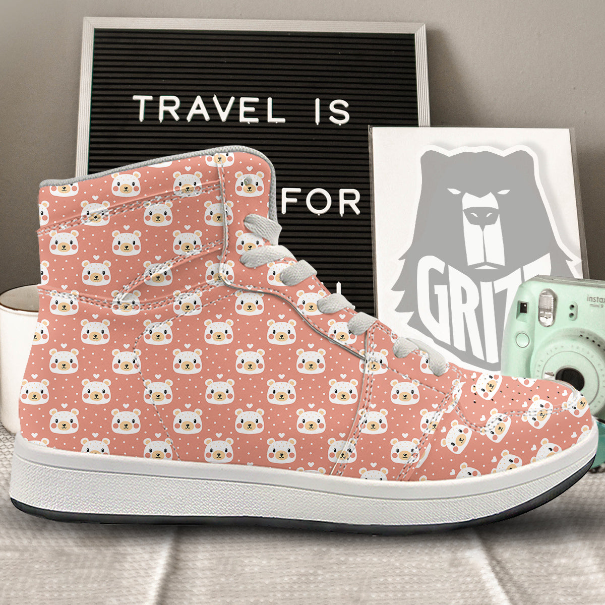 Baby Bear Cute Polka Dot Print Pattern High Top Sneakers-grizzshop