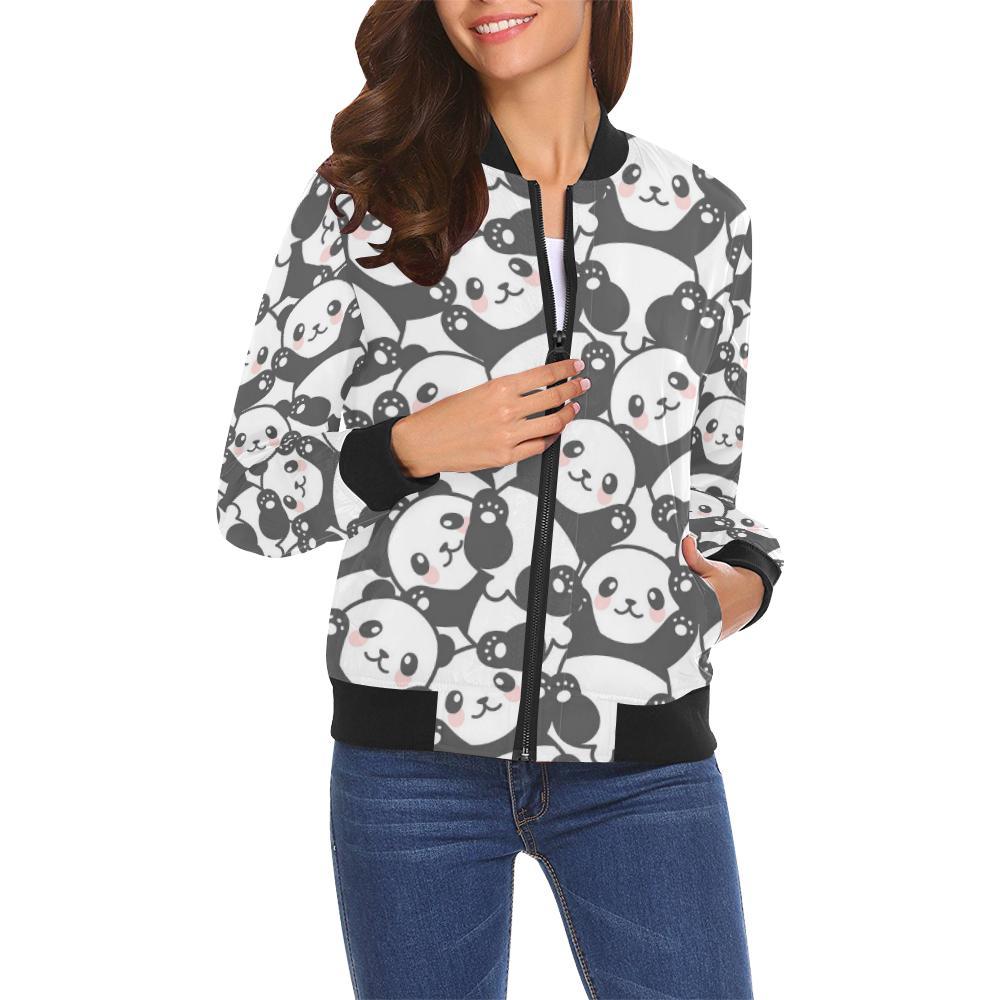 Baby Panda Pattern Print Women Casual Bomber Jacket-grizzshop
