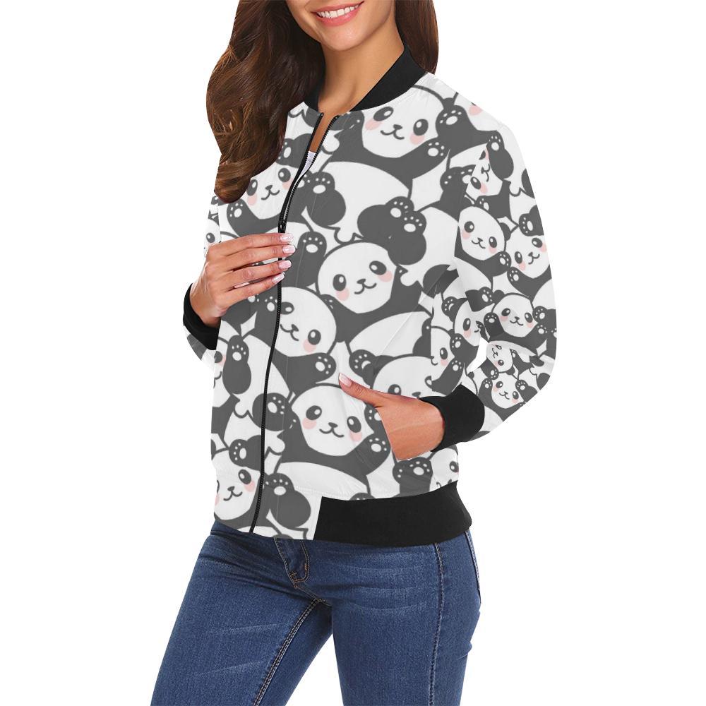 Baby Panda Pattern Print Women Casual Bomber Jacket-grizzshop