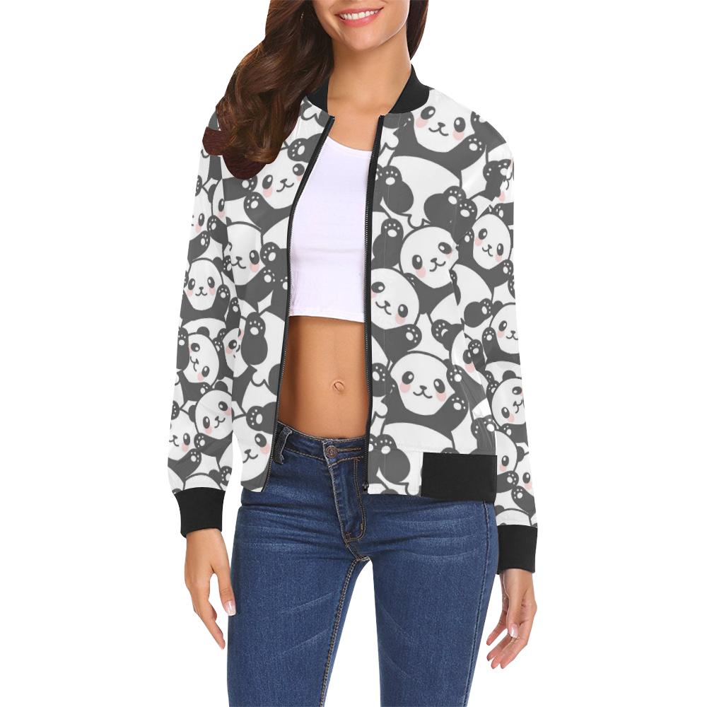 Baby Panda Pattern Print Women Casual Bomber Jacket-grizzshop