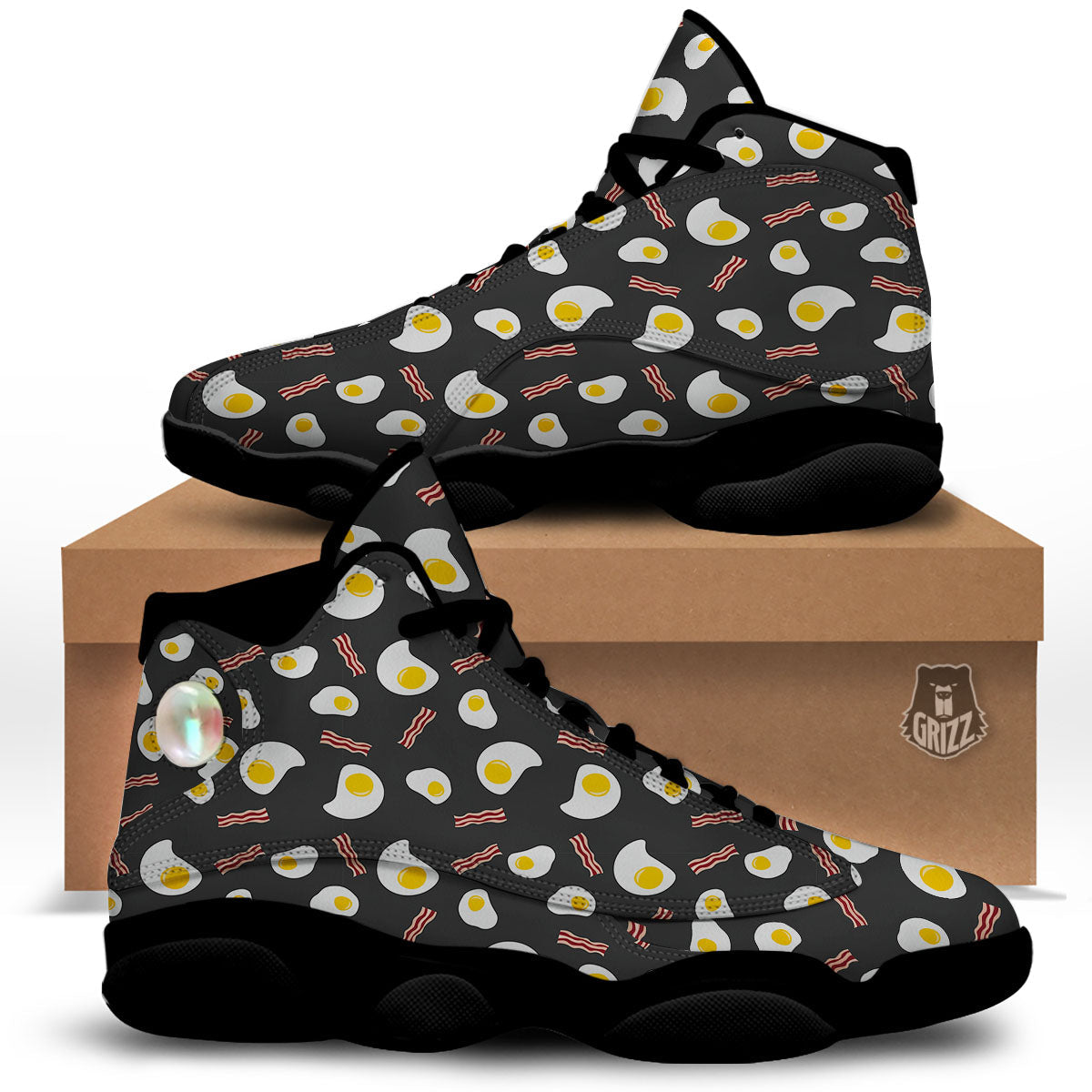 Bacon And Black Fried Egg Print Pattern Black Basketball Shoes-grizzshop