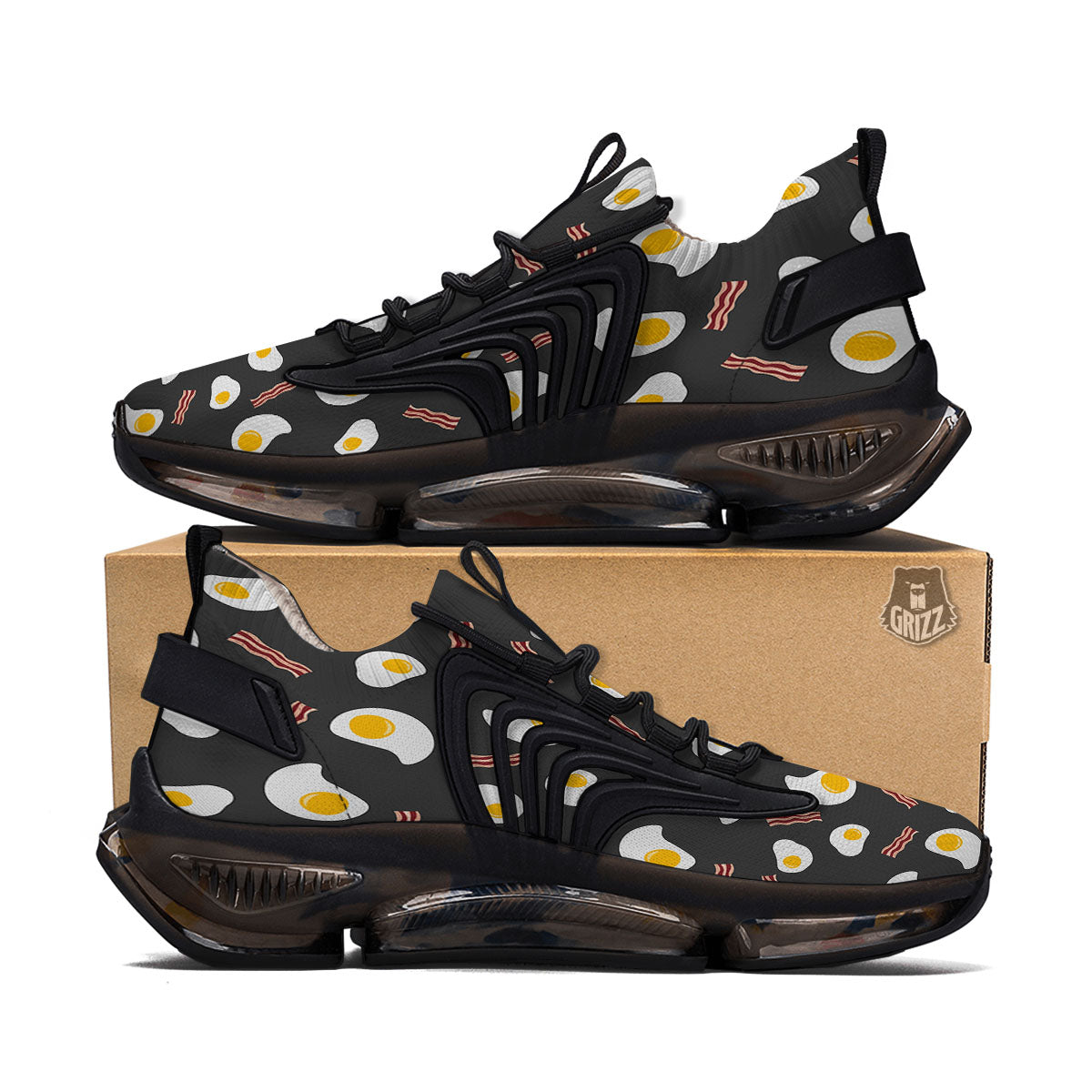Bacon And Black Fried Egg Print Pattern Black Gym Shoes-grizzshop