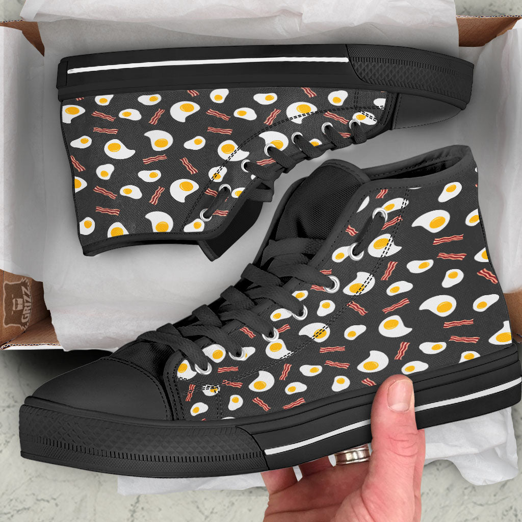 Bacon And Black Fried Egg Print Pattern Black High Top Shoes-grizzshop