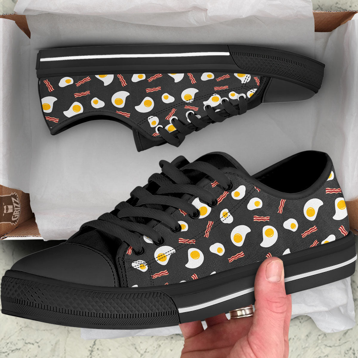 Bacon And Black Fried Egg Print Pattern Black Low Top Shoes-grizzshop