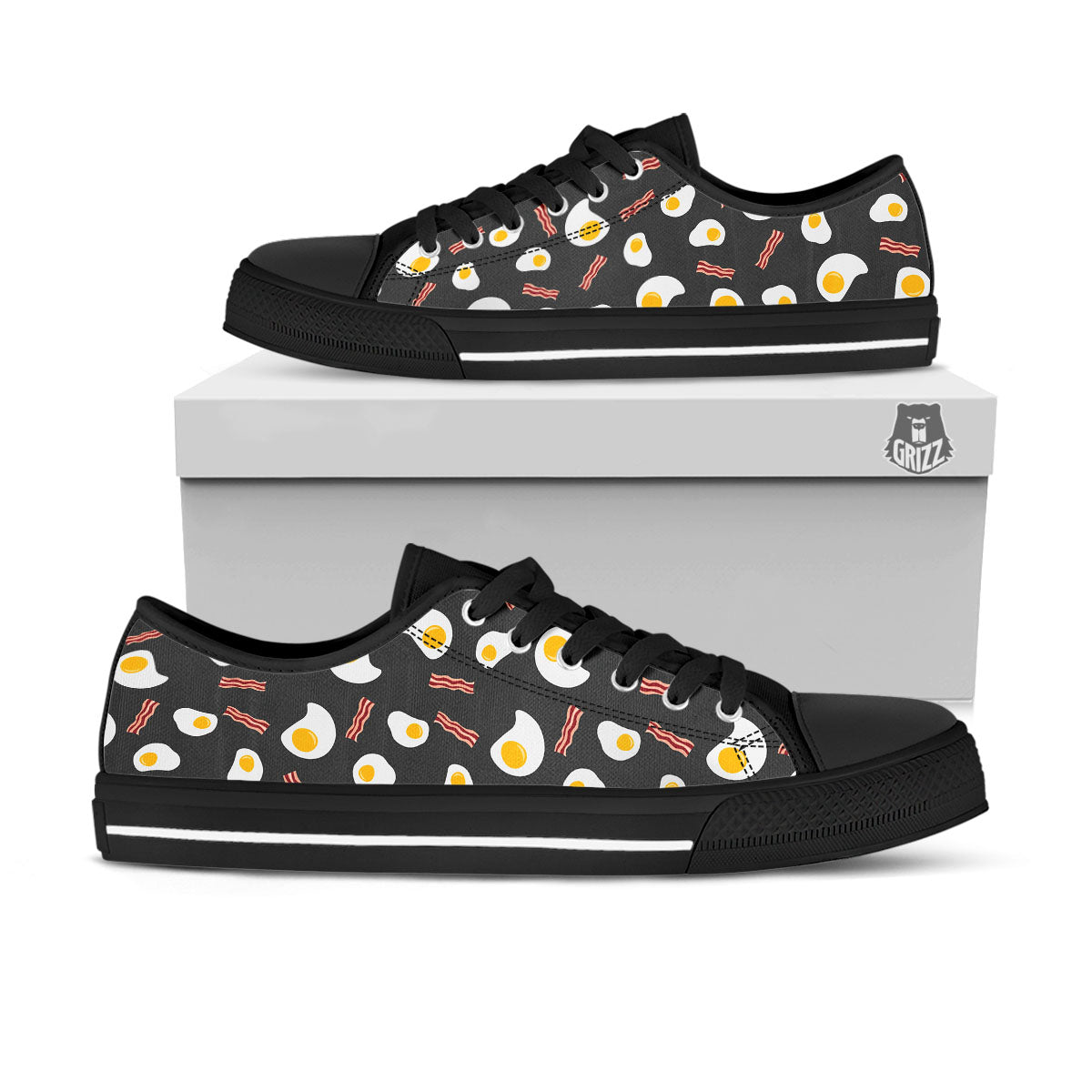 Bacon And Black Fried Egg Print Pattern Black Low Top Shoes-grizzshop
