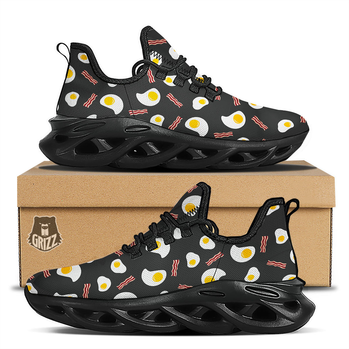 Bacon And Black Fried Egg Print Pattern Black Running Shoes-grizzshop