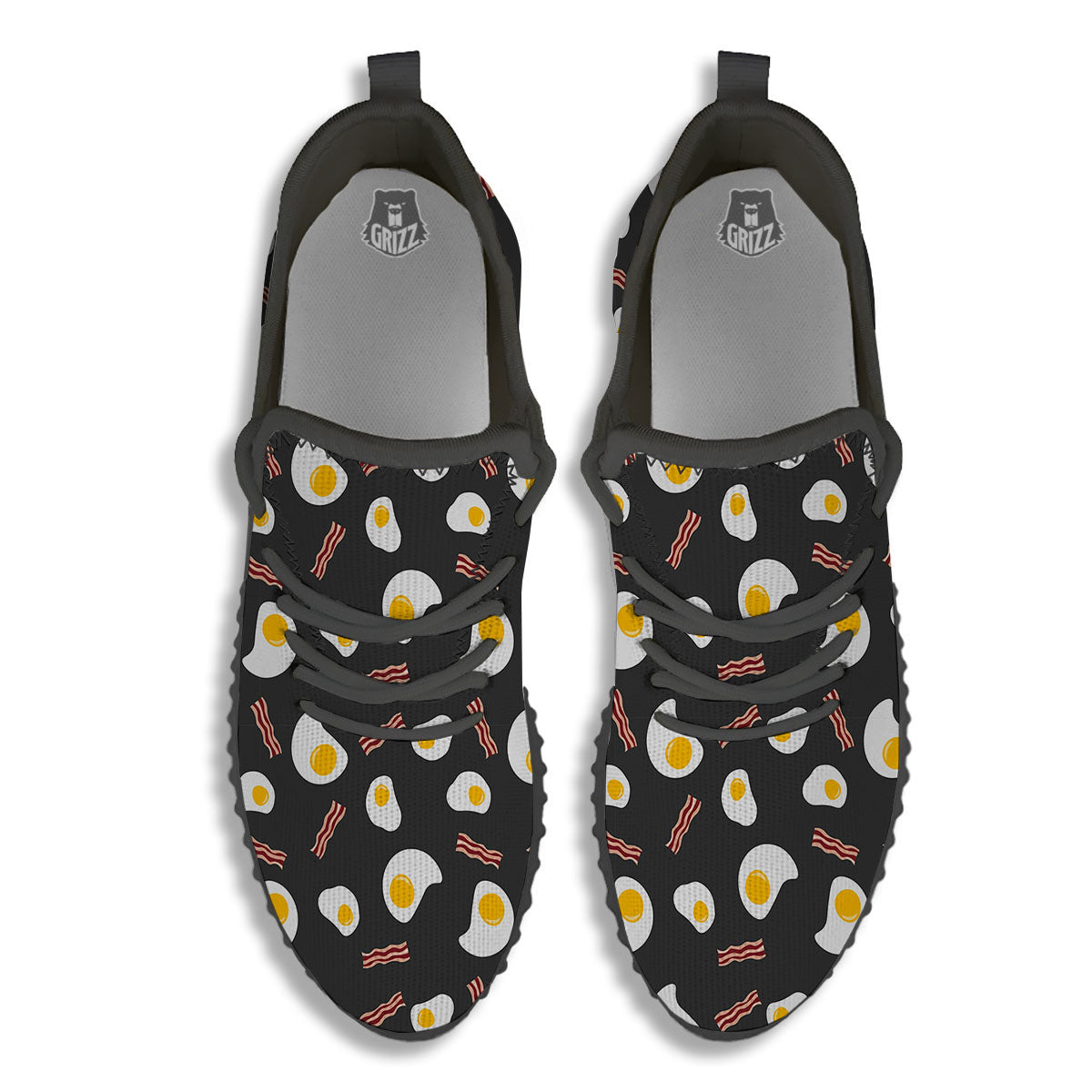 Bacon And Black Fried Egg Print Pattern Black Walking Shoes-grizzshop