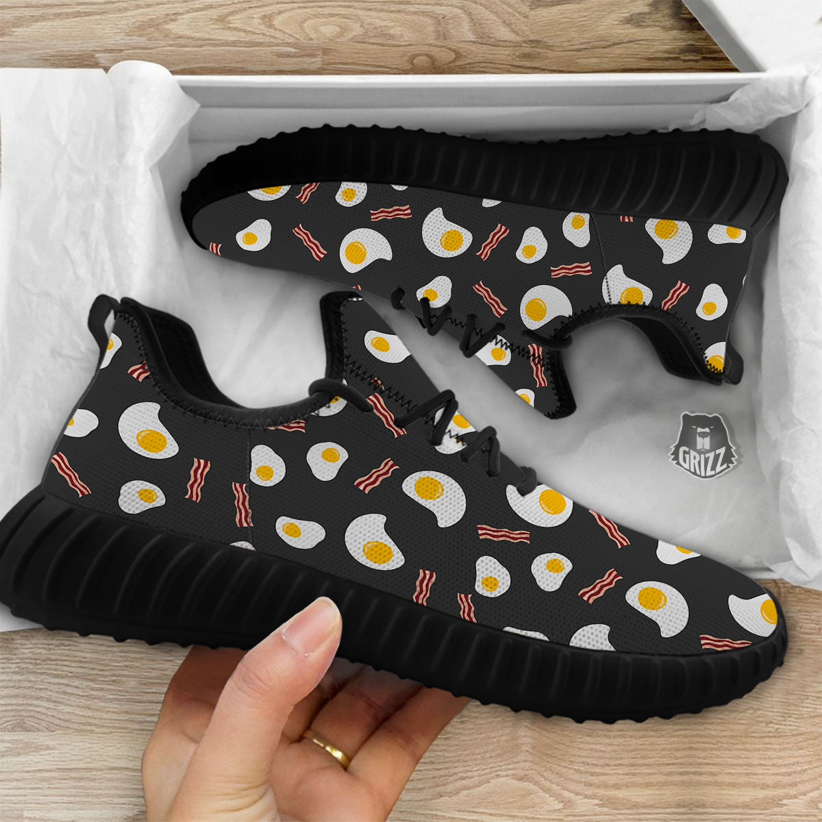Bacon And Black Fried Egg Print Pattern Black Walking Shoes-grizzshop