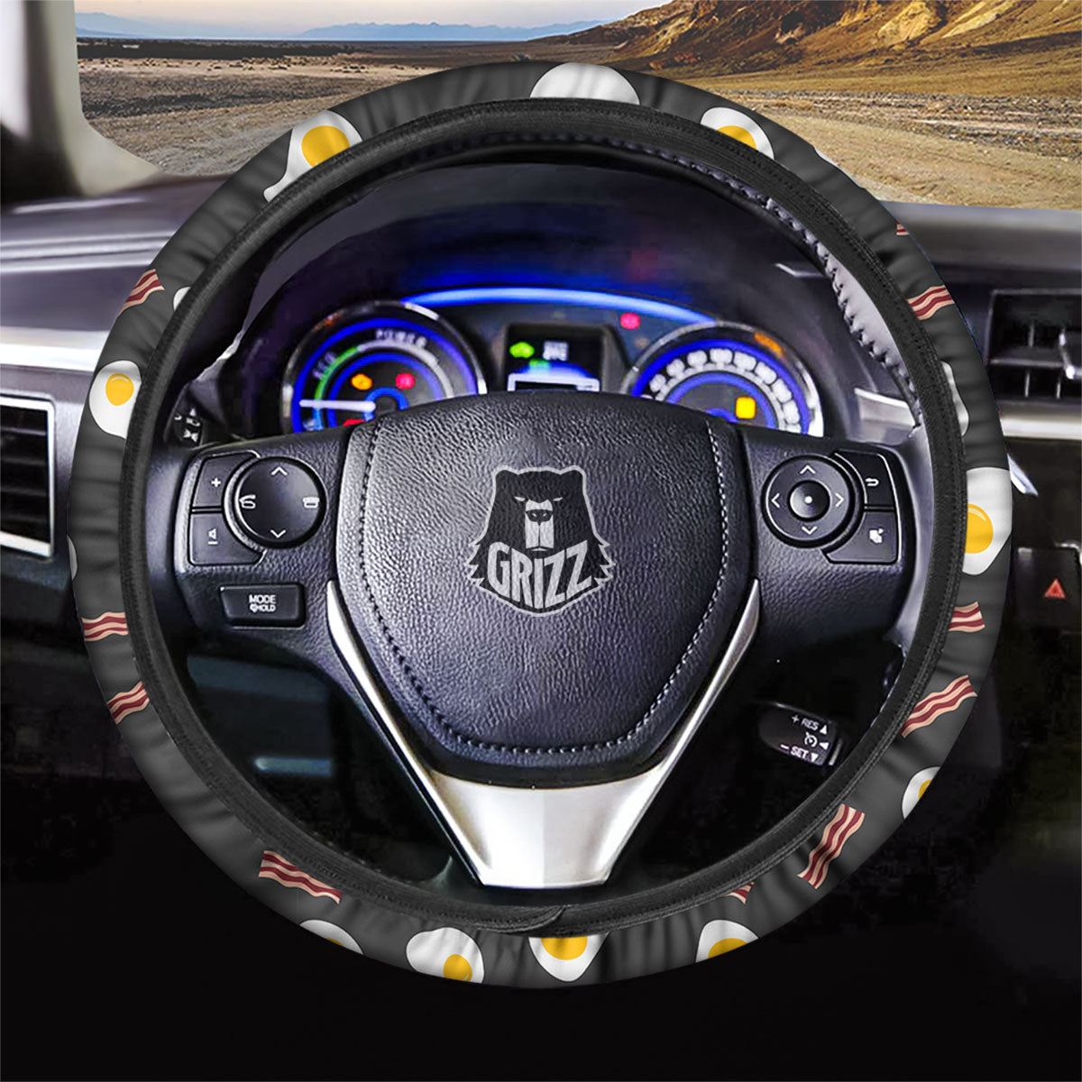Bacon And Black Fried Egg Print Pattern Car Steering Wheel Cover-grizzshop
