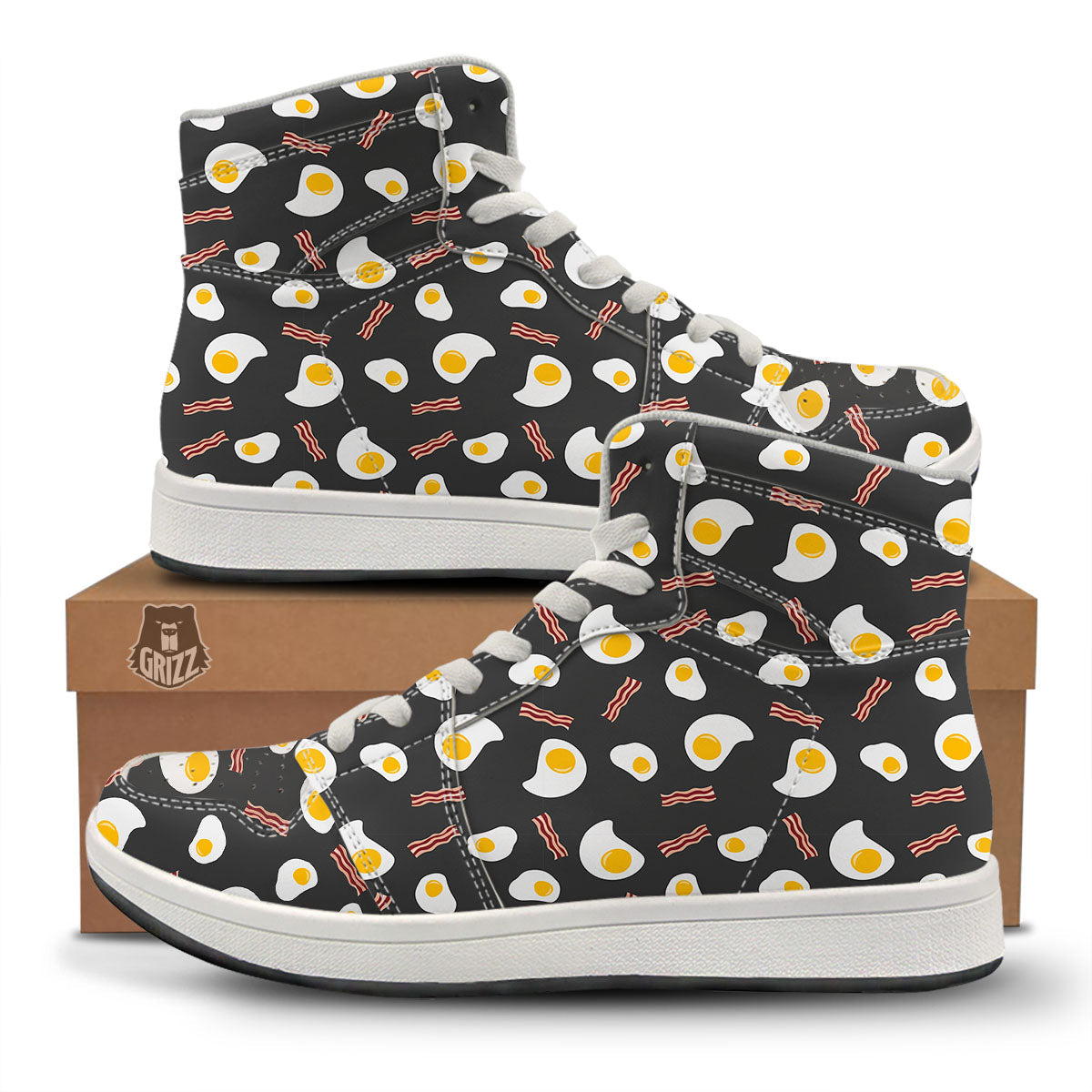 Bacon And Black Fried Egg Print Pattern High Top Sneakers-grizzshop