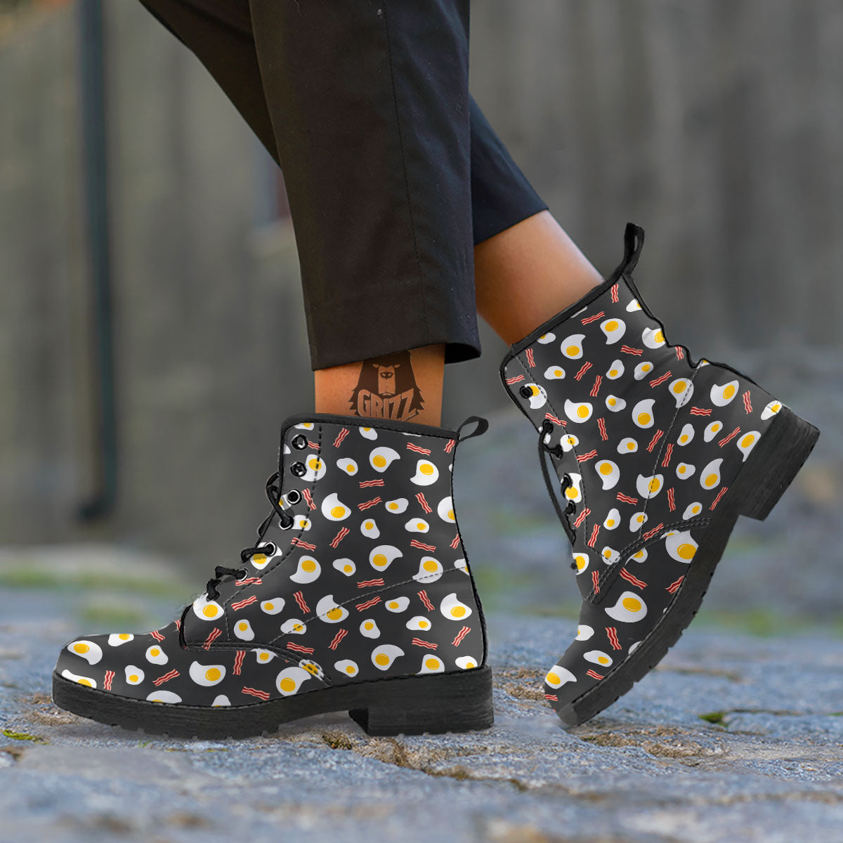 Bacon And Black Fried Egg Print Pattern Leather Boots-grizzshop