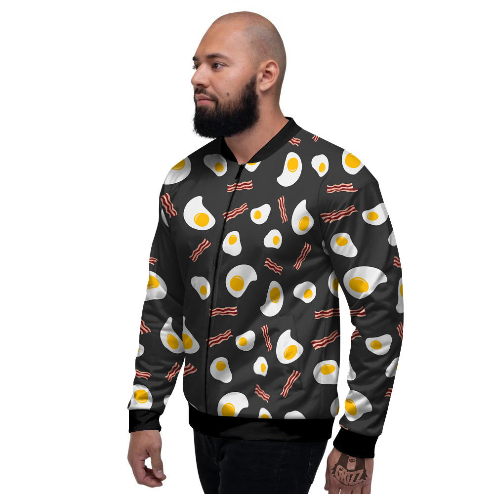 Bacon And Black Fried Egg Print Pattern Men's Bomber Jacket-grizzshop
