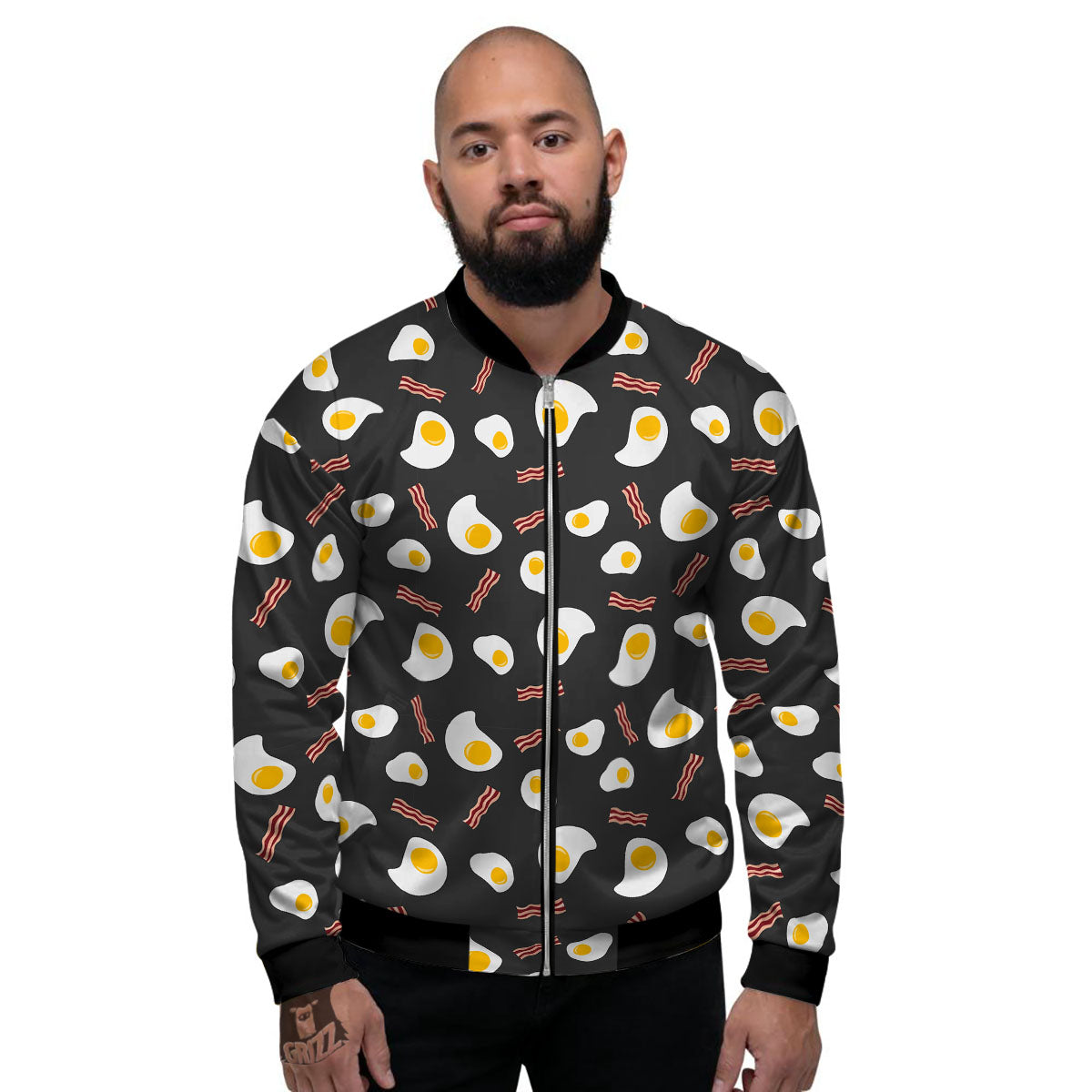 Bacon And Black Fried Egg Print Pattern Men's Bomber Jacket-grizzshop