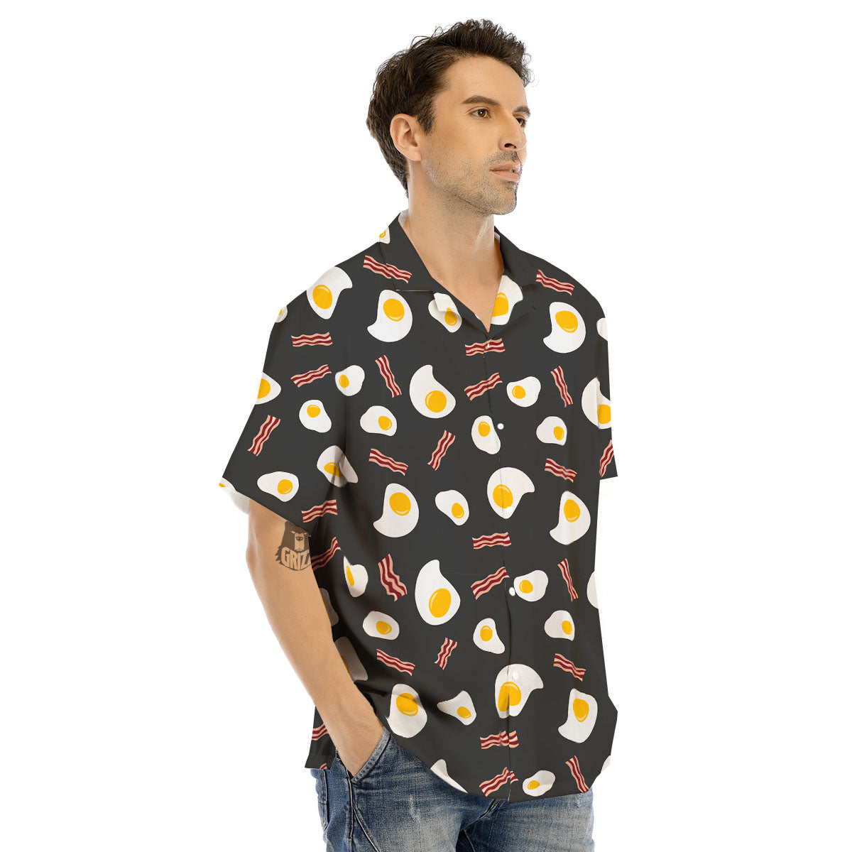 Bacon And Black Fried Egg Print Pattern Men's Hawaiian Shirt-grizzshop