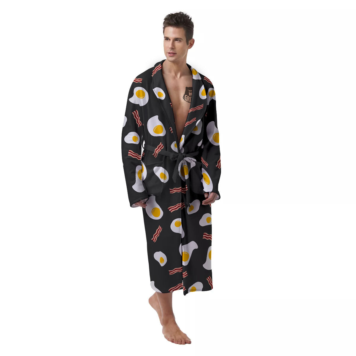 Bacon And Black Fried Egg Print Pattern Men's Robe-grizzshop