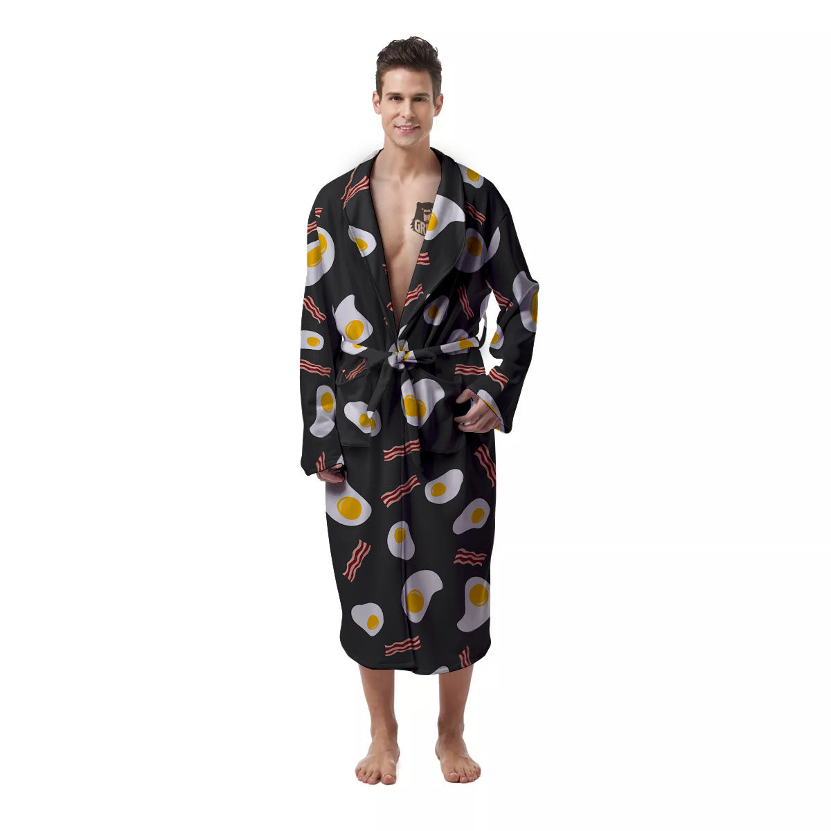 Bacon And Black Fried Egg Print Pattern Men's Robe-grizzshop