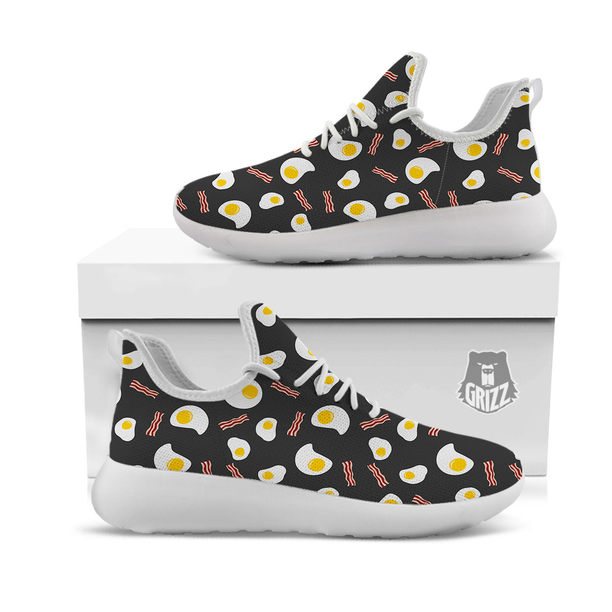 Bacon And Black Fried Egg Print Pattern White Athletic Shoes-grizzshop