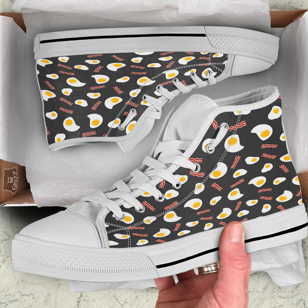 Bacon And Black Fried Egg Print Pattern White High Top Shoes-grizzshop