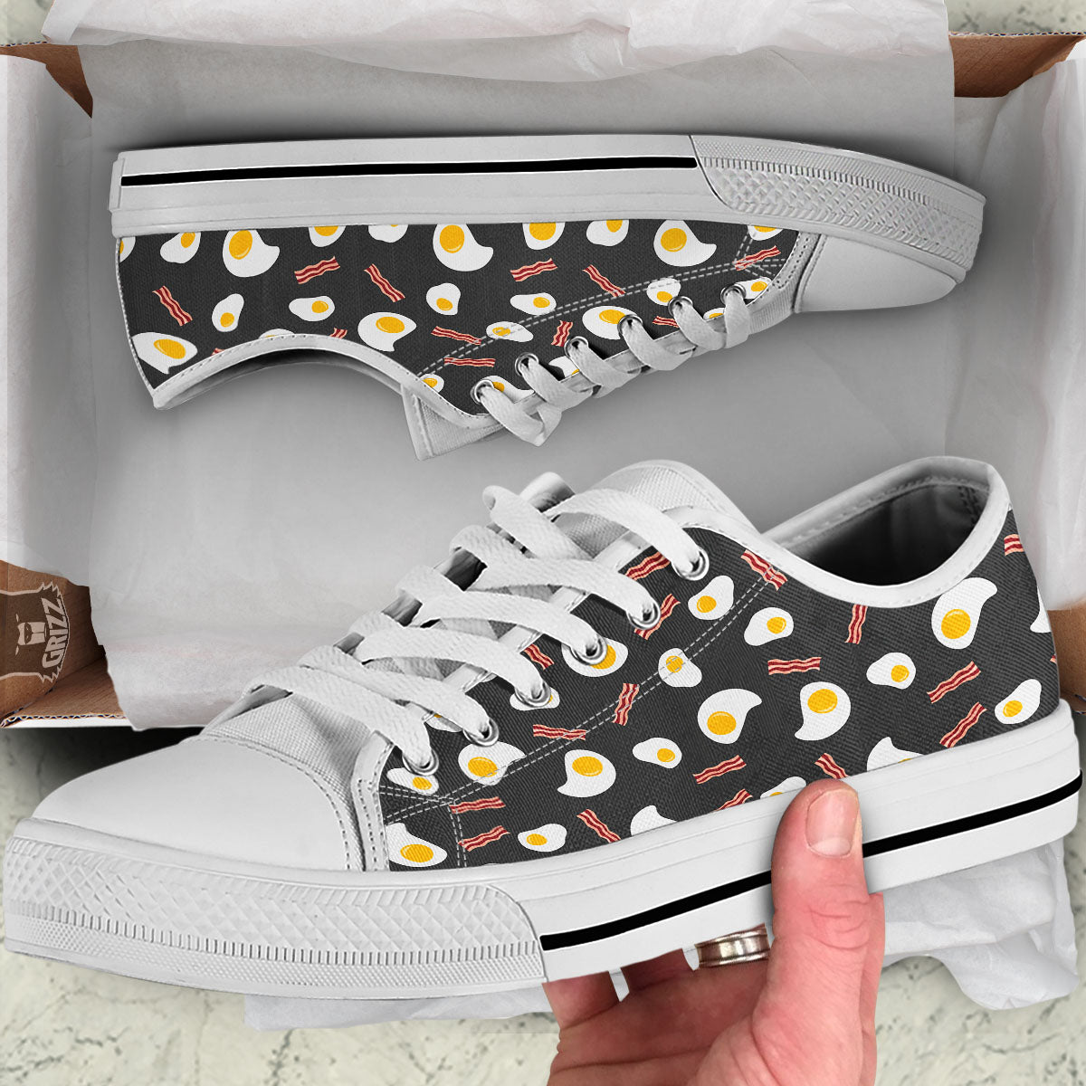 Bacon And Black Fried Egg Print Pattern White Low Top Shoes-grizzshop