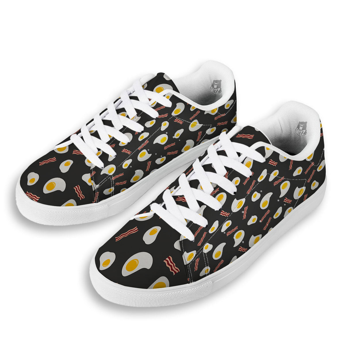Bacon And Black Fried Egg Print Pattern White Low Top Sneakers-grizzshop