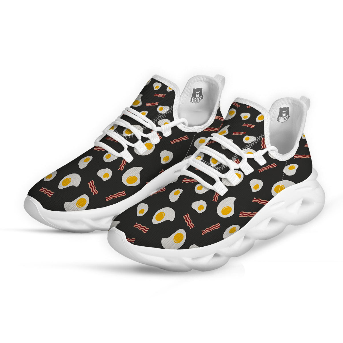 Bacon And Black Fried Egg Print Pattern White Running Shoes-grizzshop