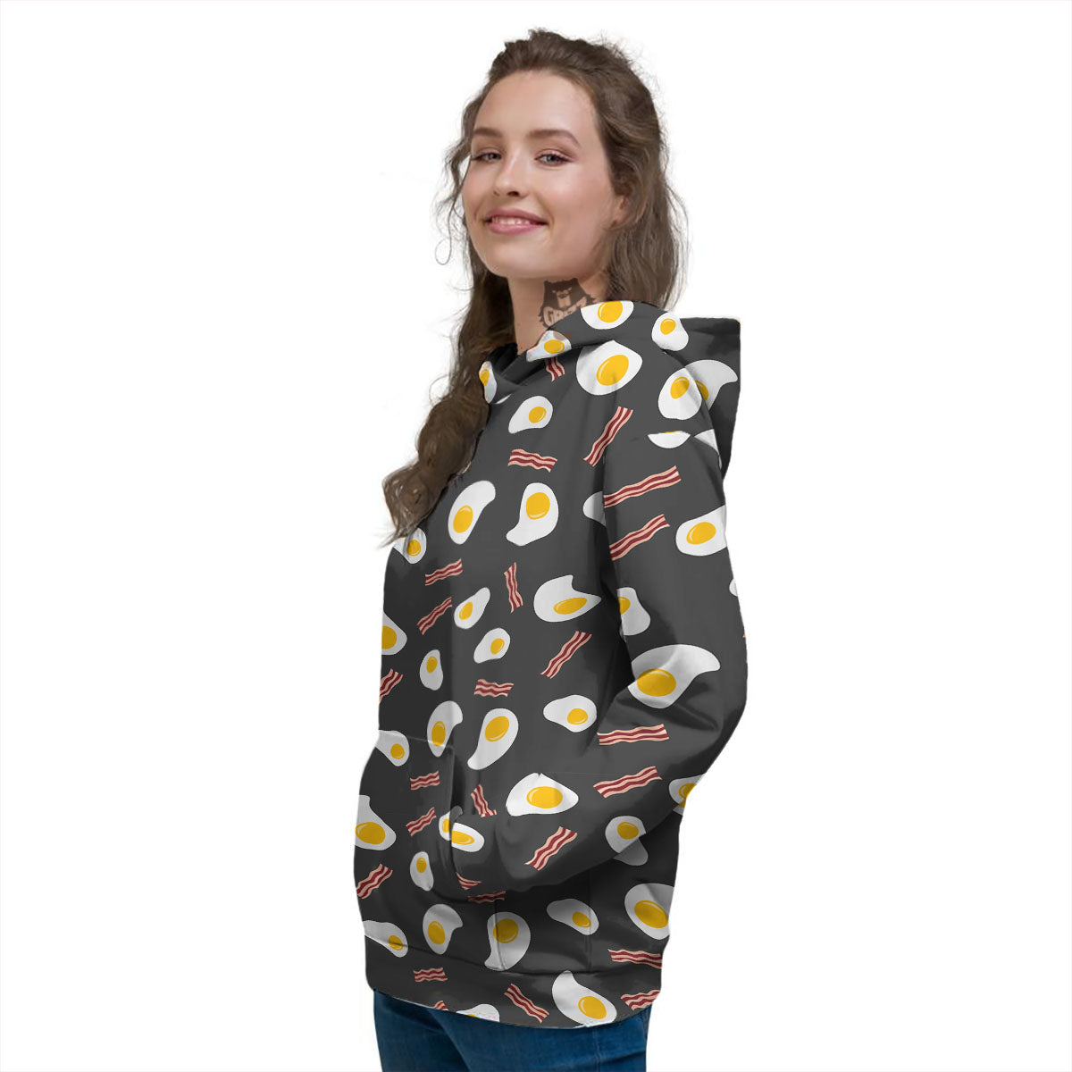Bacon And Black Fried Egg Print Pattern Women's Hoodie-grizzshop