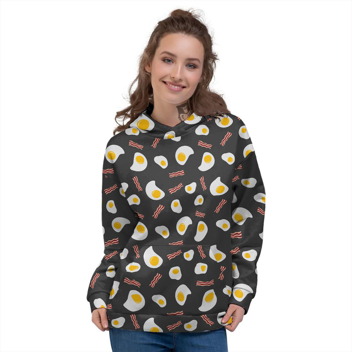 Bacon And Black Fried Egg Print Pattern Women's Hoodie-grizzshop