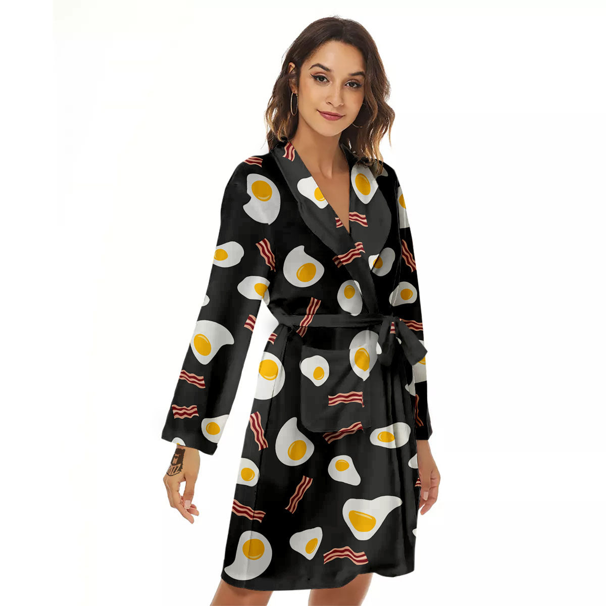 Bacon And Black Fried Egg Print Pattern Women's Robe-grizzshop