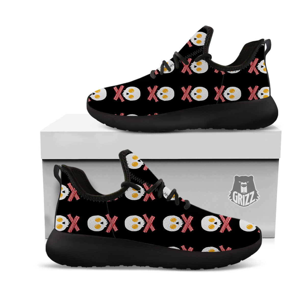 Bacon And Skull Fried Egg Print Pattern Black Athletic Shoes-grizzshop