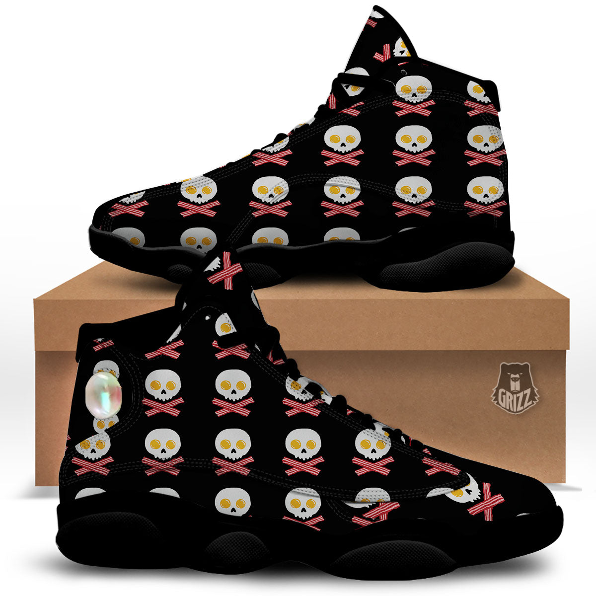 Bacon And Skull Fried Egg Print Pattern Black Basketball Shoes-grizzshop