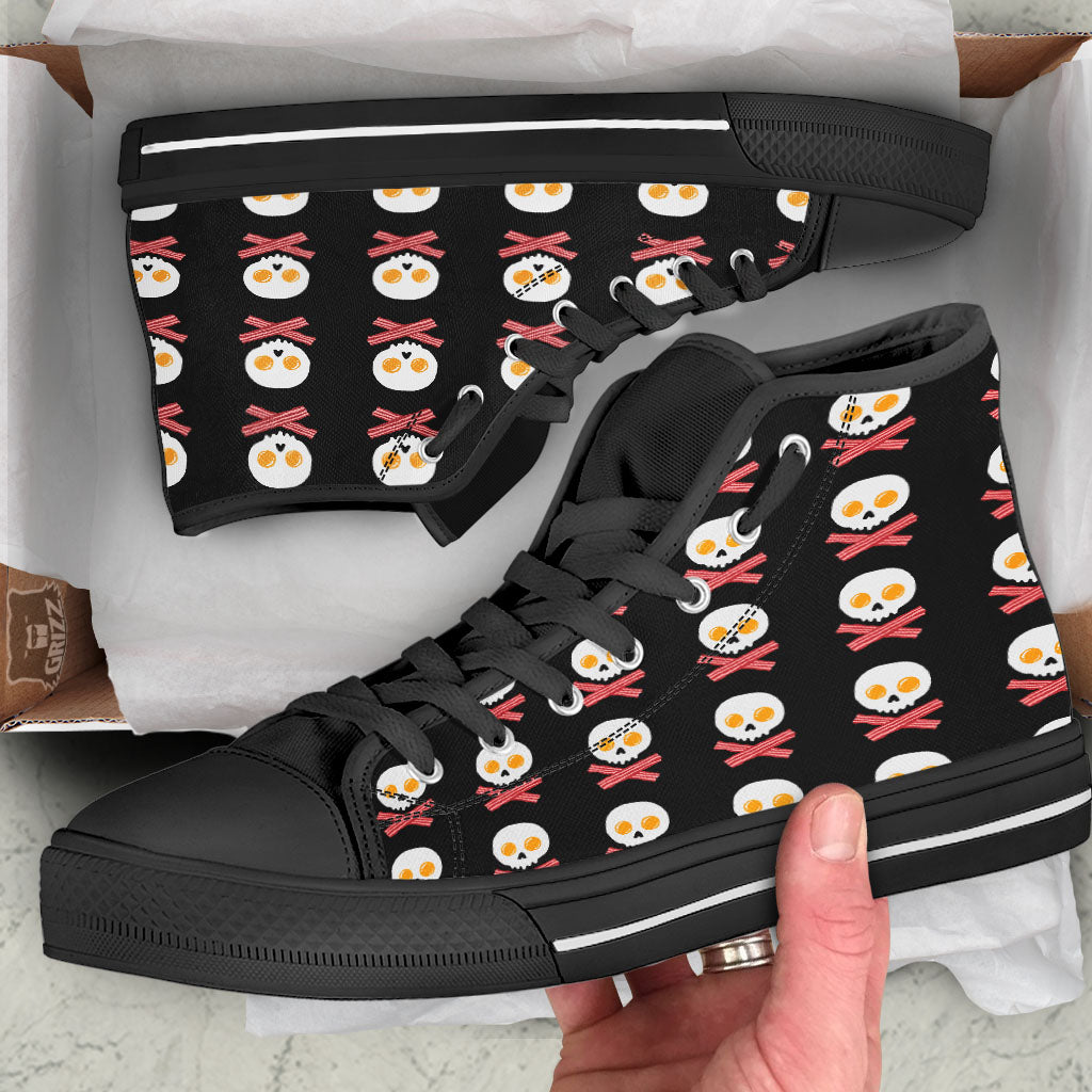 Bacon And Skull Fried Egg Print Pattern Black High Top Shoes-grizzshop