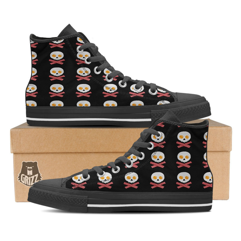 Bacon And Skull Fried Egg Print Pattern Black High Top Shoes-grizzshop