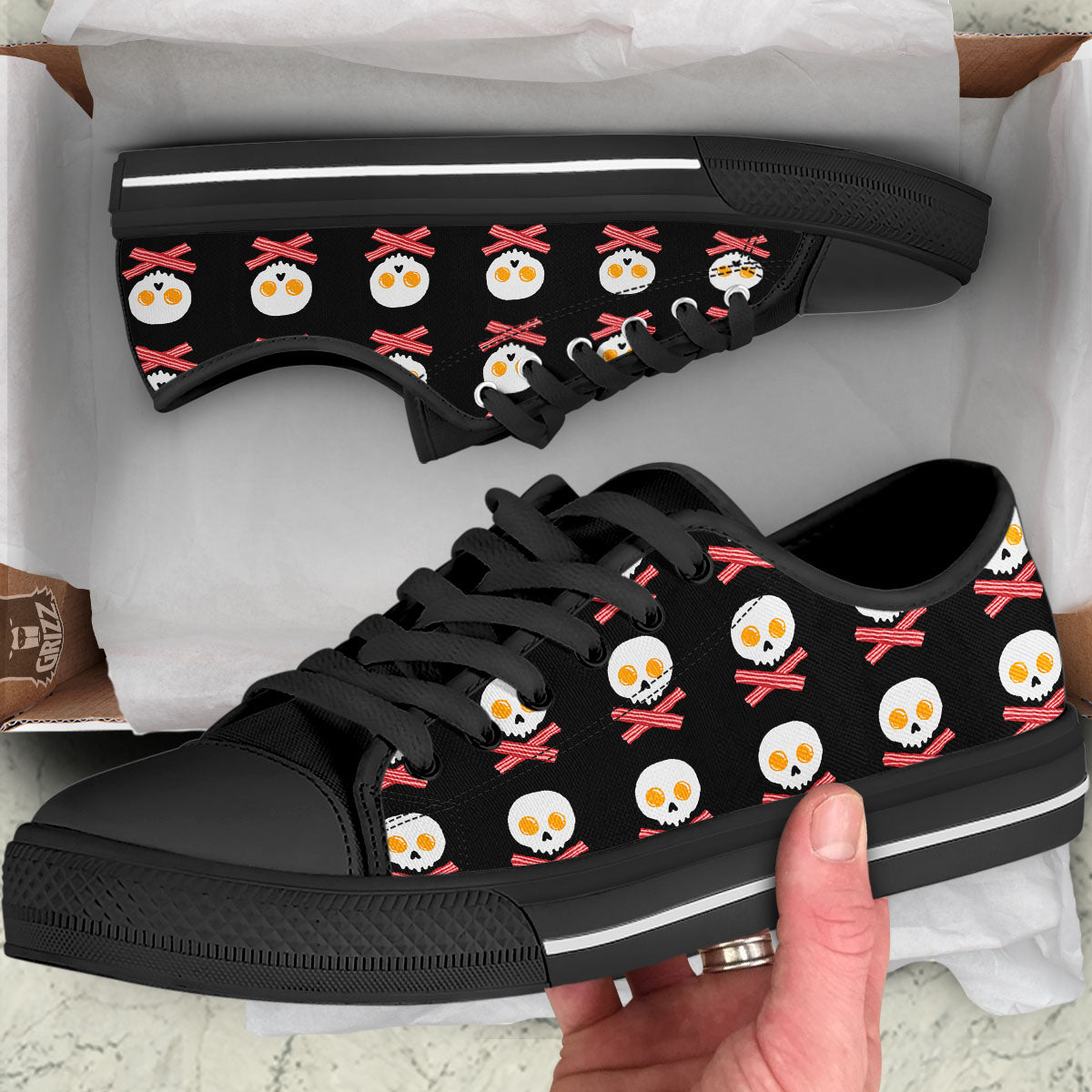Bacon And Skull Fried Egg Print Pattern Black Low Top Shoes-grizzshop