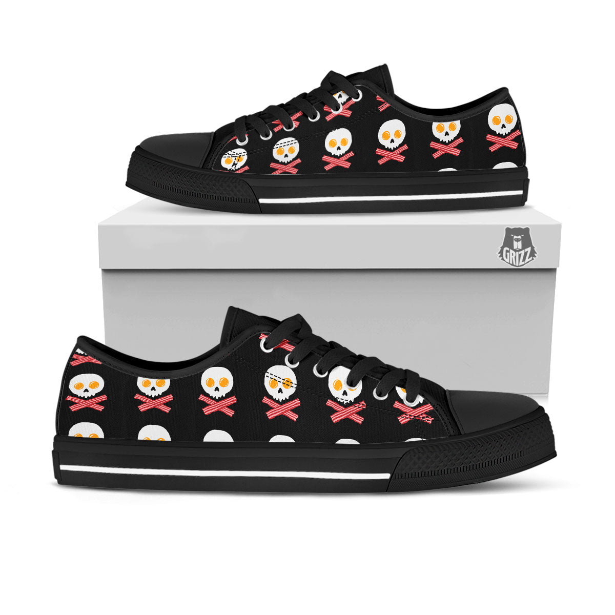 Bacon And Skull Fried Egg Print Pattern Black Low Top Shoes-grizzshop